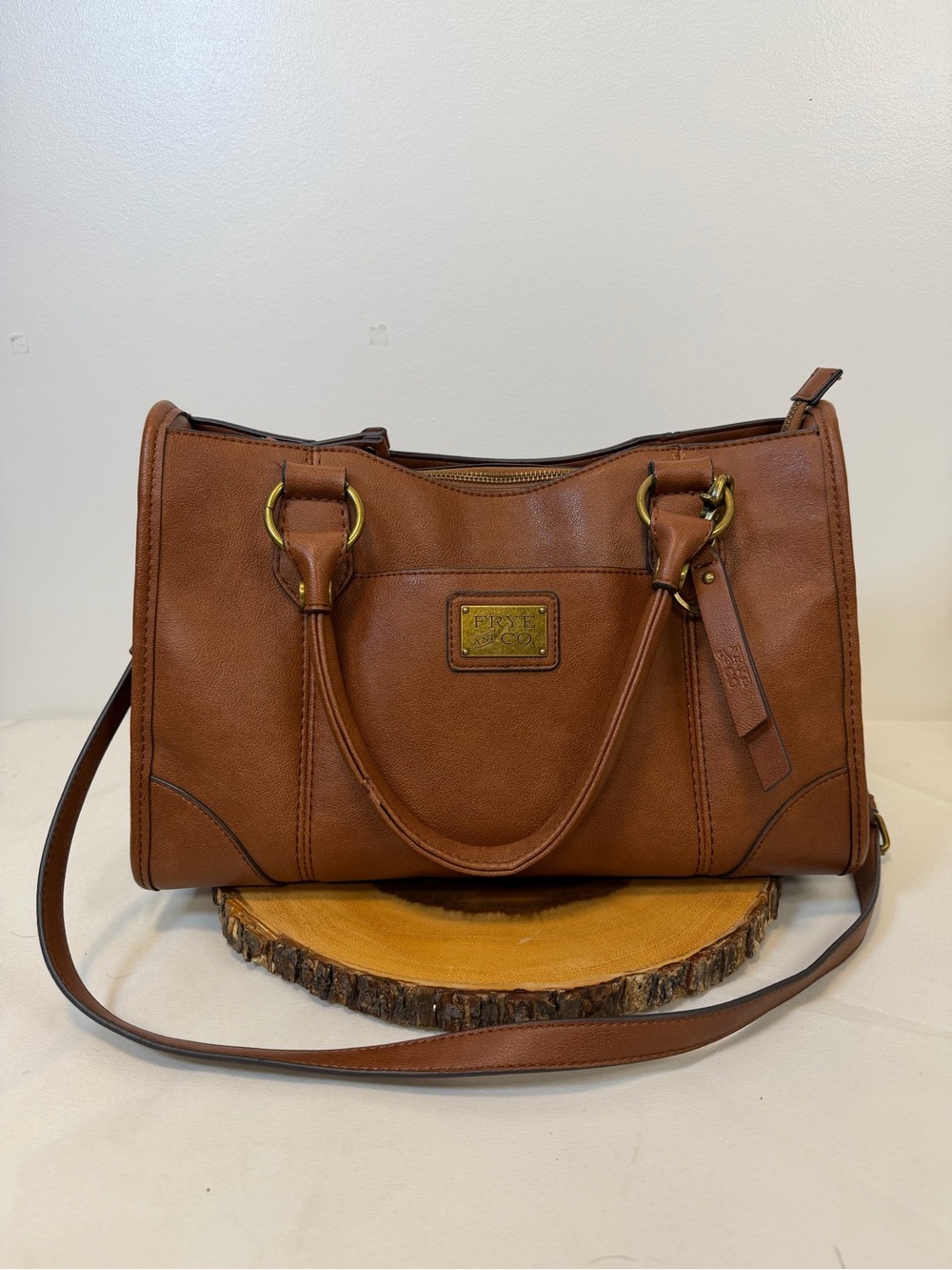 Frye and Co. Cognac Faux Leather Satchel Gold Accents Removable Shoulder Strap